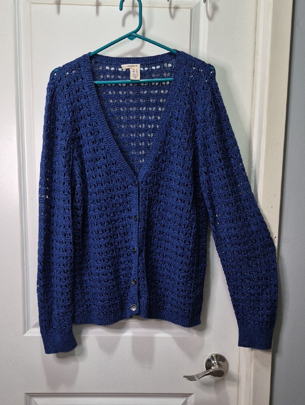 Women's Open-Knit Button-Front Cardigan in Deep Blue